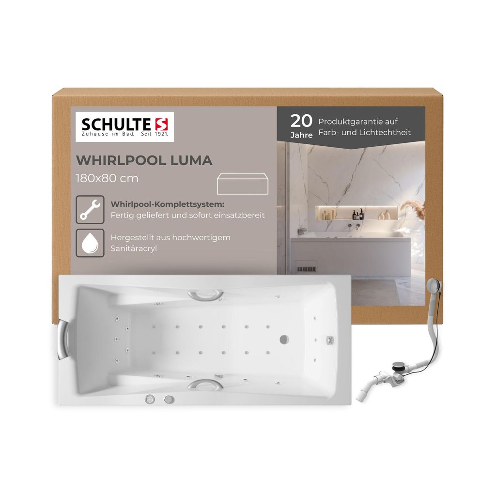 Schulte Whirlpool Luma Komplettsystem, Weiß Acryl, 180x80 cm, Höhe 47,5 cm, inkl. Ab- und Überlauf
