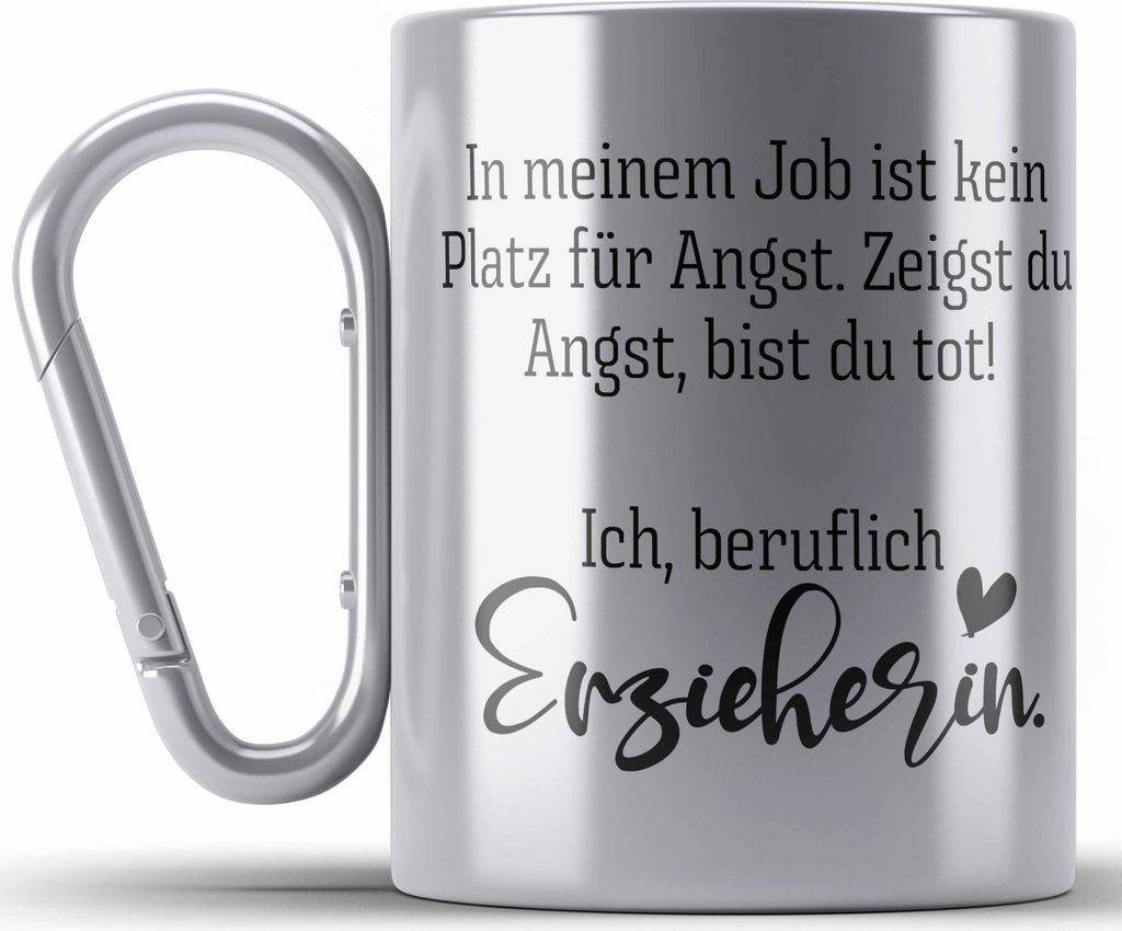 Trendation - Erzieherin Edelstahl Tasse Karabiner Geschenk Abschiedsgeschenk zum Abschied Lustig Geschenke Karabiner Edelstahl Tasse Karabiner Edel...