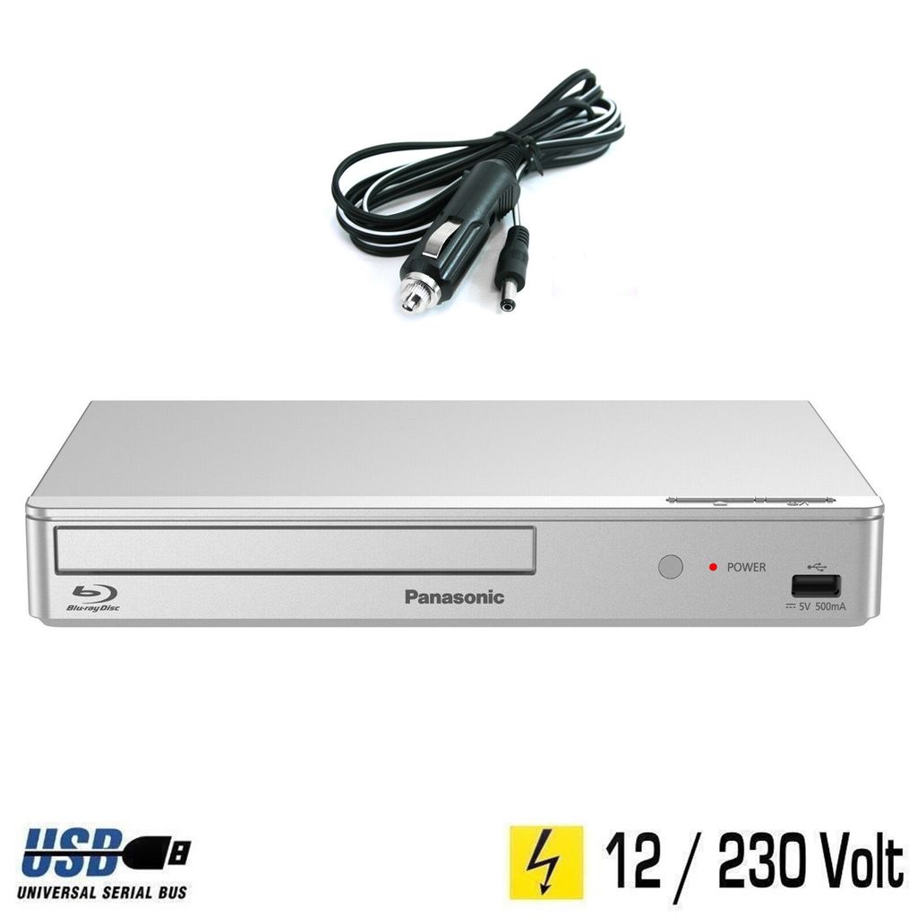 A silver Panasonic Blu-ray player is shown with a car charger cable and power adapter. Text and logos are present at the bottom.