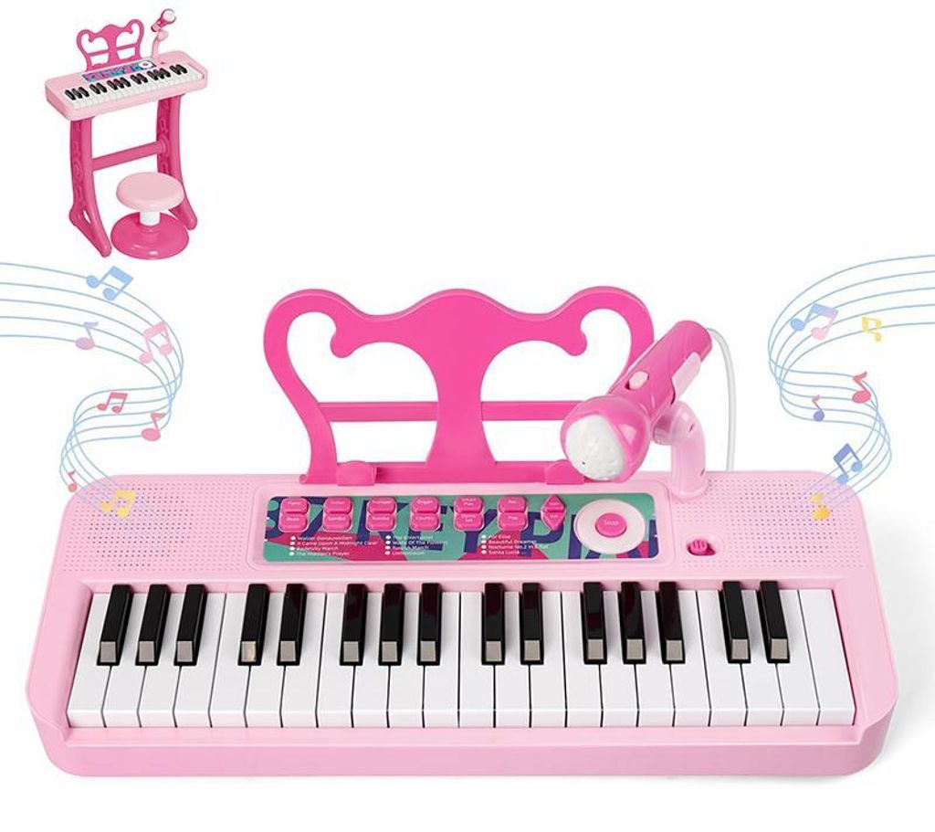 Kinder Keyboard mit 37 Tasten, elektronisches Klavier mit Mikrofon, Lautsprechern und Aufnahmefunktion, Rosa