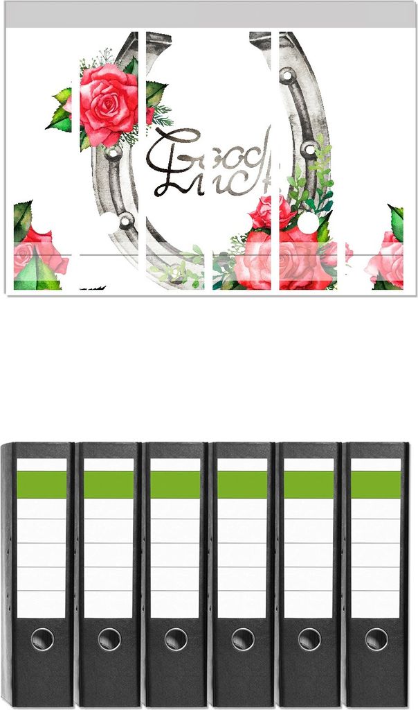 Wallario 6 Stück breite Ordner inkl. Klebeetiketten mit Motive Viel Glück Hufeisen mit roten Rosen - Set mit Rückenschildern / Ordnerrücken S...
