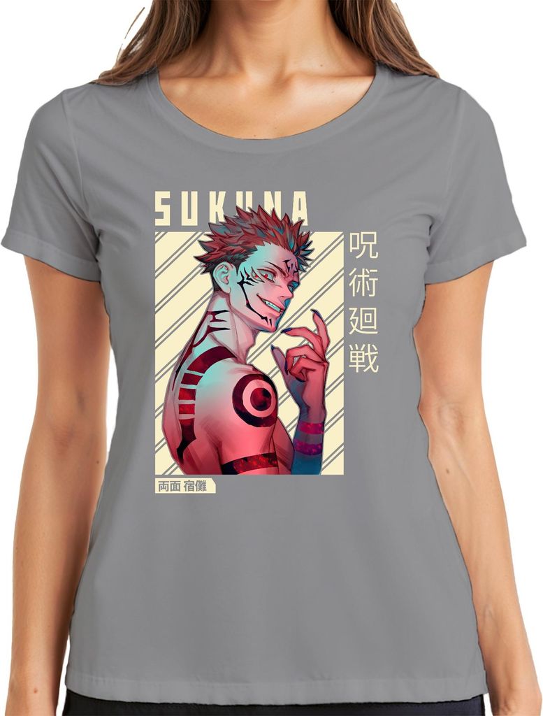 Sukuna Jujutsu Kaisen König der Flüche Anime rote Augen düster Damen T-Shirt, Grau, 3XL