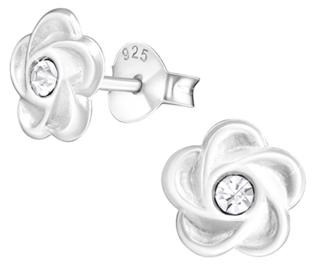 Ohrstecker Blume mit Kristall: 925 Silber Ohrringe Weiß Produktbild 