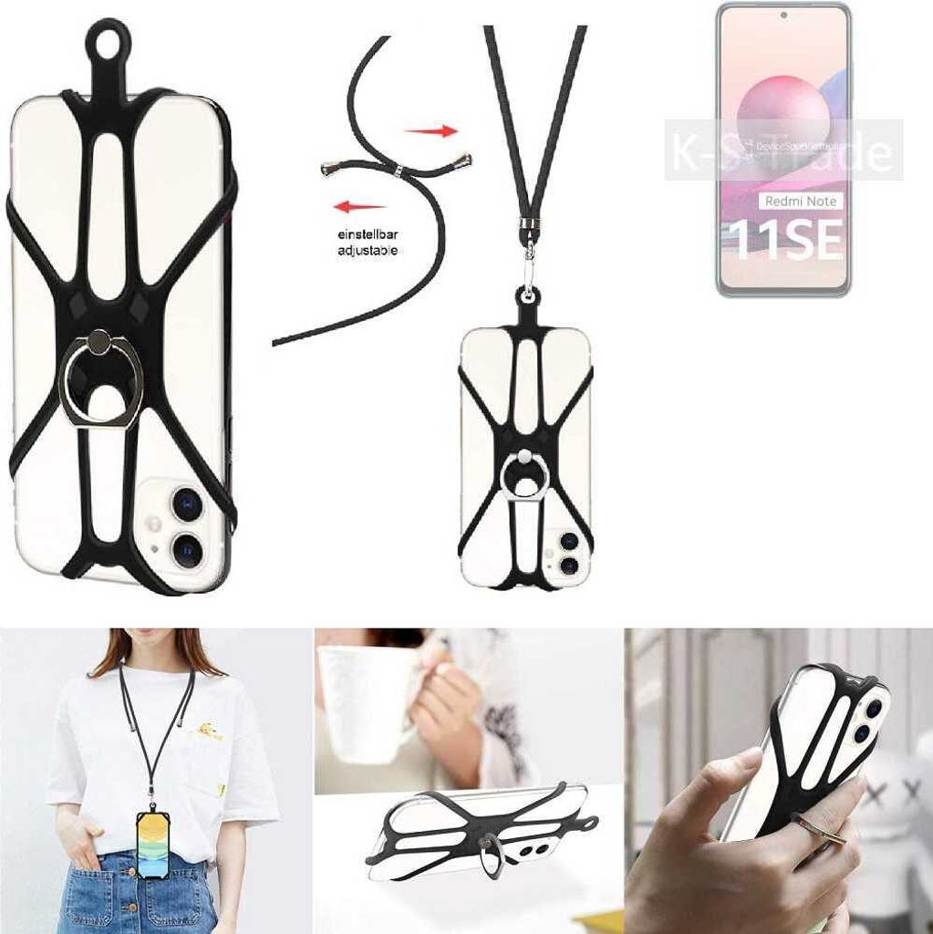 K-S-Trade 3in1 Handykette Handyband Handykordel Halsband Smartphone-Ring Handy-Ring kompatibel mit Xiaomi Redmi Note 11SE India Fingerhalterung
