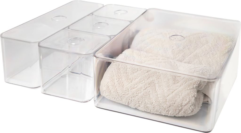 Kunststoff Bad Organizer mit Deckel - 5er Set in 3 Größen - Aufbewahrungsbox transparent