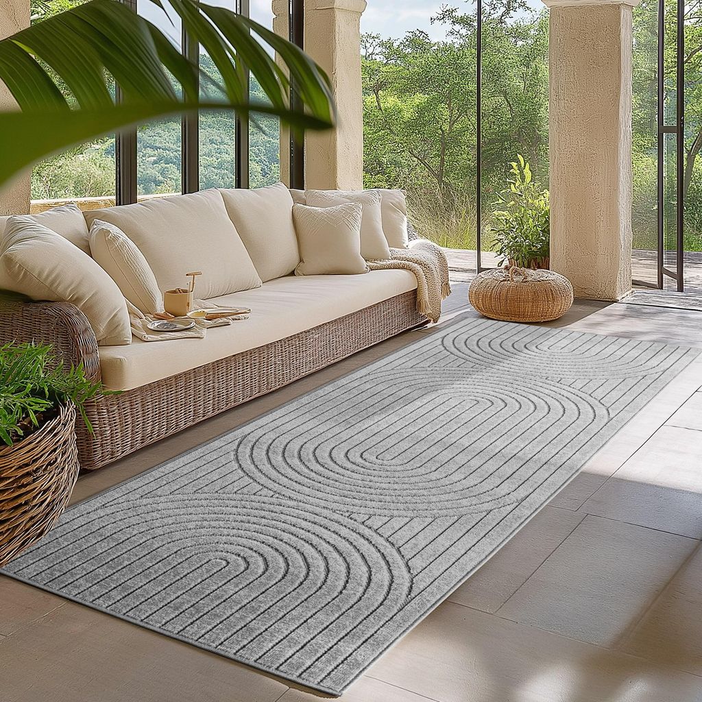 Homebyhome Outdoor Teppich, Modern Boho Design, 3D Effekt, Robust und UV-Beständig, ideal für Terrasse Wohnzimmer & Küche, Grösse: 80x150 cm