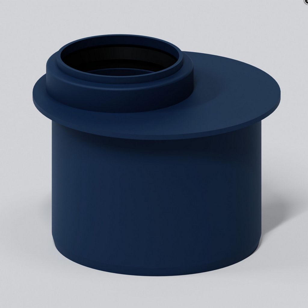 A 3D rendering of a dark blue plumbing transition pipe fitting.