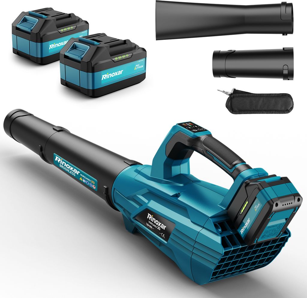 A cordless leaf blower kit with two batteries and accessories, presented on a white background.