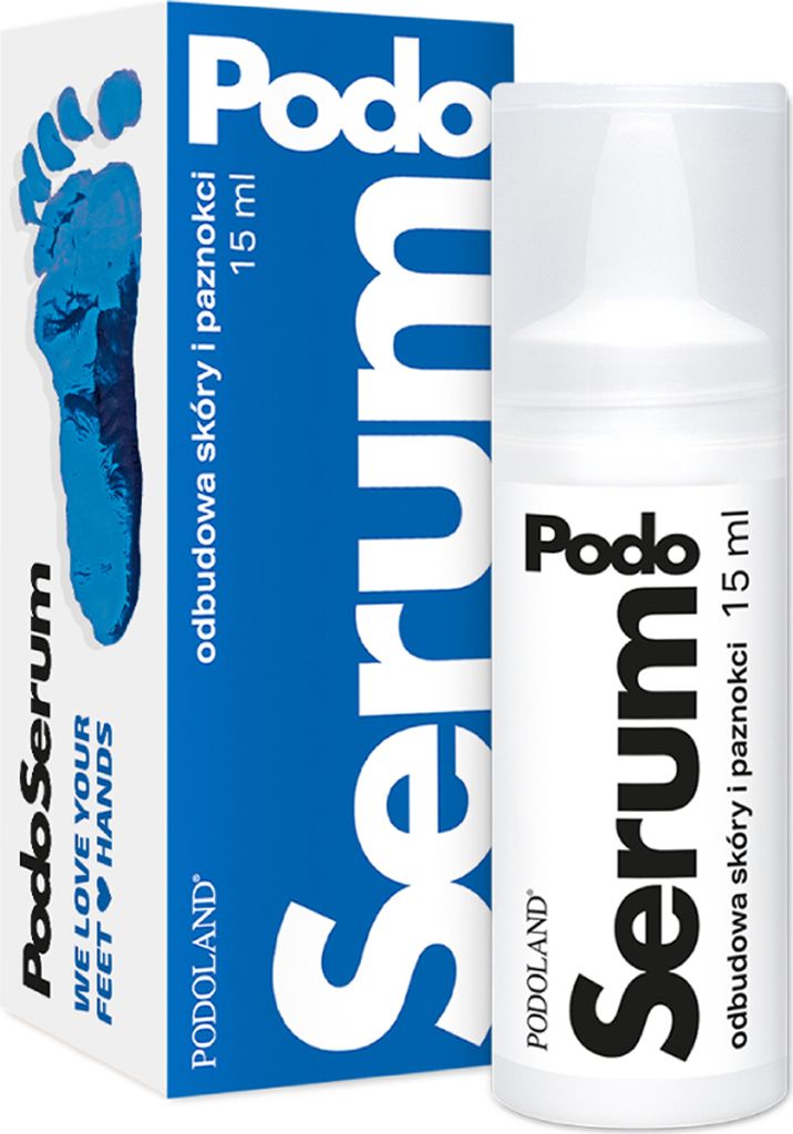 A product shot of a bottle of PodoSerum and its packaging.