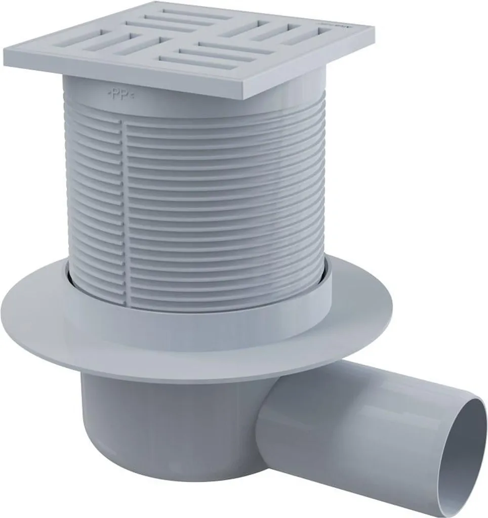 Siphon de sol 105x105 gris avec sortie latérale 50mm et garde d'eau