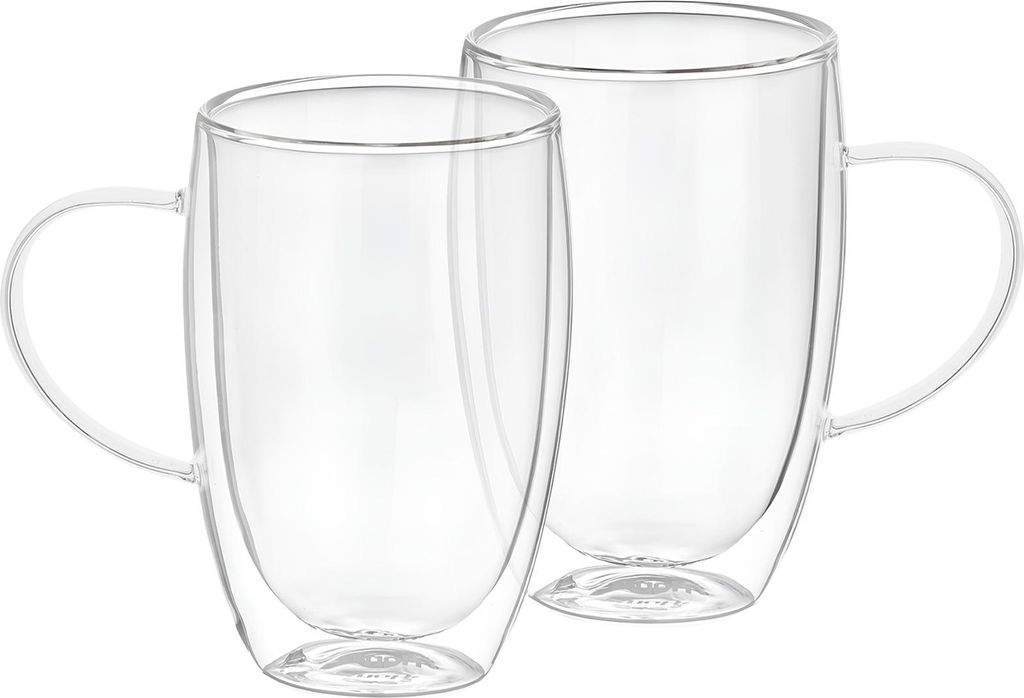 Cheffinger, Set 2 Doppelwandige Gläser 350ml mit Henkel Borosilikat Robust, Transparent