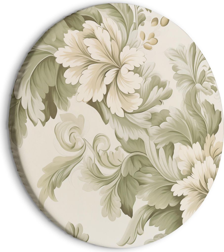 Italienischer Leinwand Rundes Bild - Retro Vintage Flowers in Delicate Cream and Green Colors 60x60 cm Blumen f-H-10015-bc-a