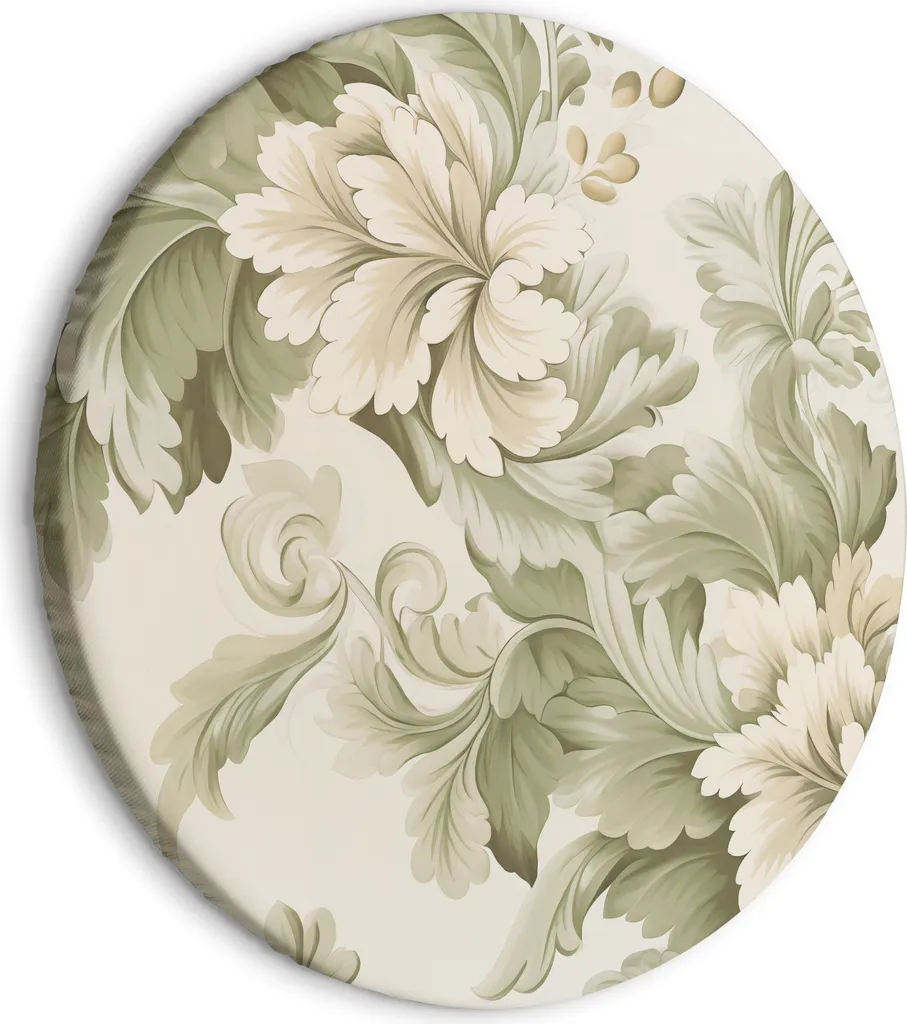 Quadro Fiori Vintage 40x40 - Stampa su Tela Rotonda Crema Verde Retrò
