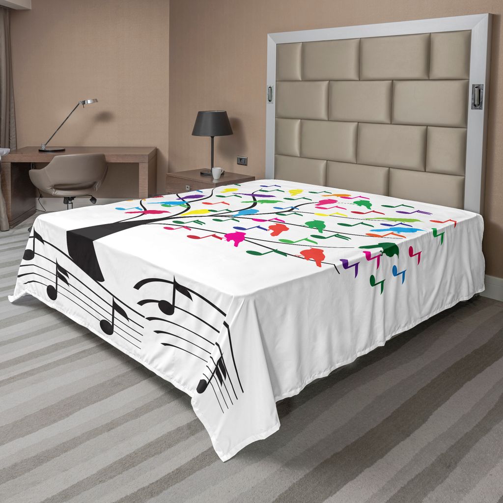 ABAKUHAUS Musik Bettlaken, Baum Mit Noten Und Vögel Auf Ast Happy Jolly Feiern Spielerische Art, weiches bequemes oberes Bettlaken für ein dekora...