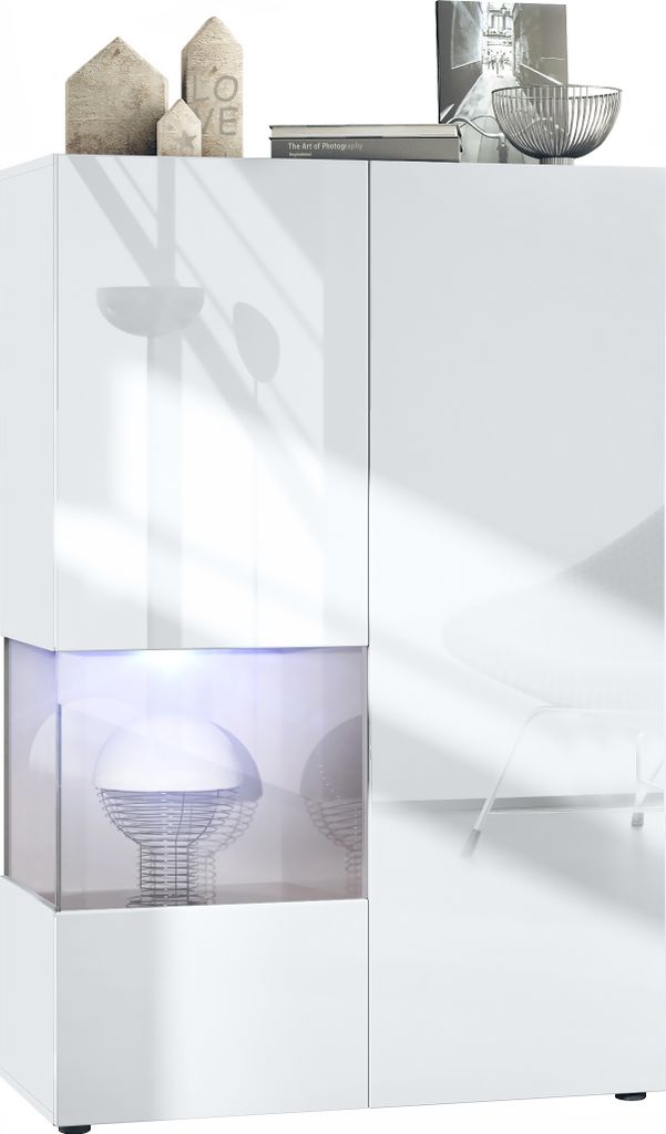 Vladon Vitrine Morena V2, Germany, Standvitrine mit 2 Türen und Glaseinsatz, Korpus Weiß matt, Fronten Weiß Hochglanz, Cube Sandgrau Hochglanz i...