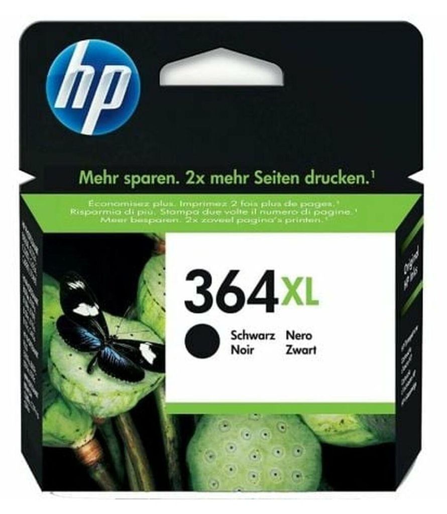 The image shows the packaging of an HP ink cartridge, with a butterfly on a lotus flower as a background image.