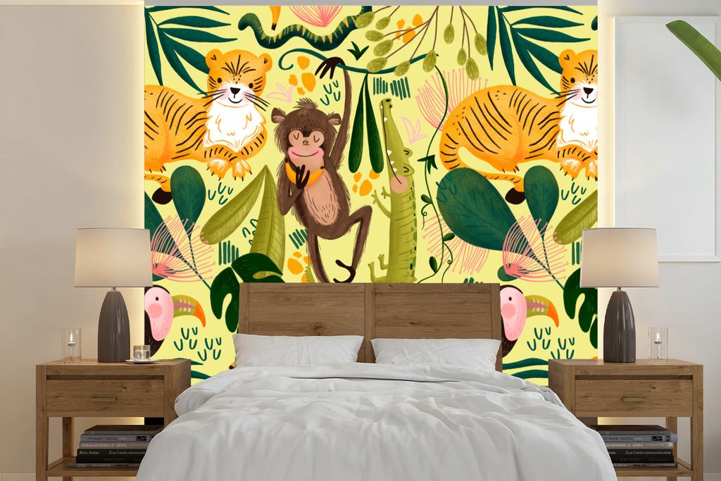 MuchoWow Fototapete für Wohnzimmer oder Schlafzimmer Wandtapete Vinyl Motivtapete Dschungel - Affe - Krokodil - Gelb - 220x220 cm - Tapeten