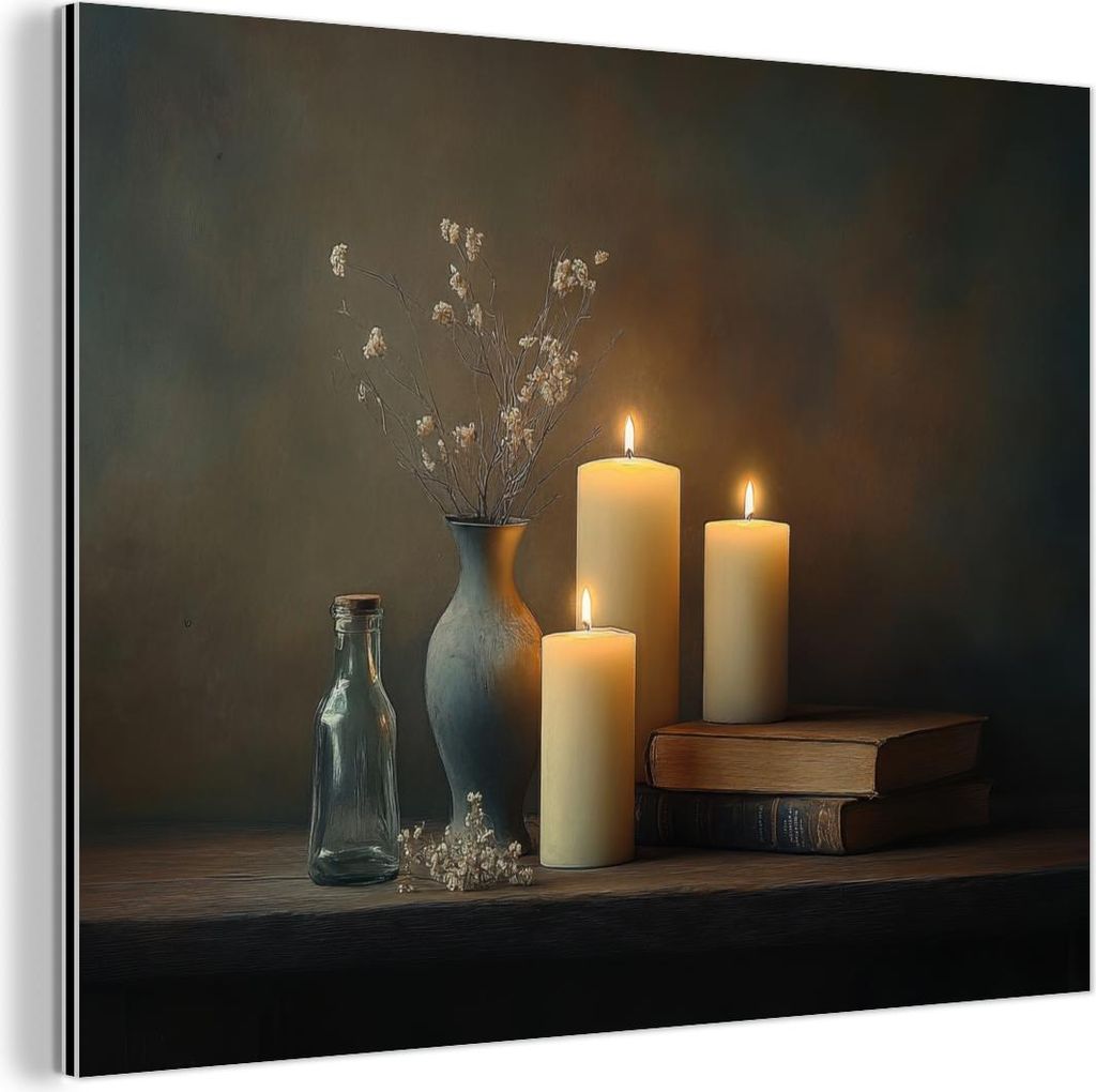 MuchoWow Wanddekoration Metall Metallbild Wandkunst 40x30 cm Kerzen - Stilleben - Rustikal - Bücher MuchoWow Aluminium Gemälde - Dekoration Wohnz...