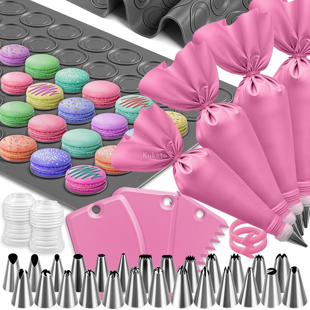 A collection of baking tools, including a macaron mat, piping bags, and nozzles, arranged on a white background.