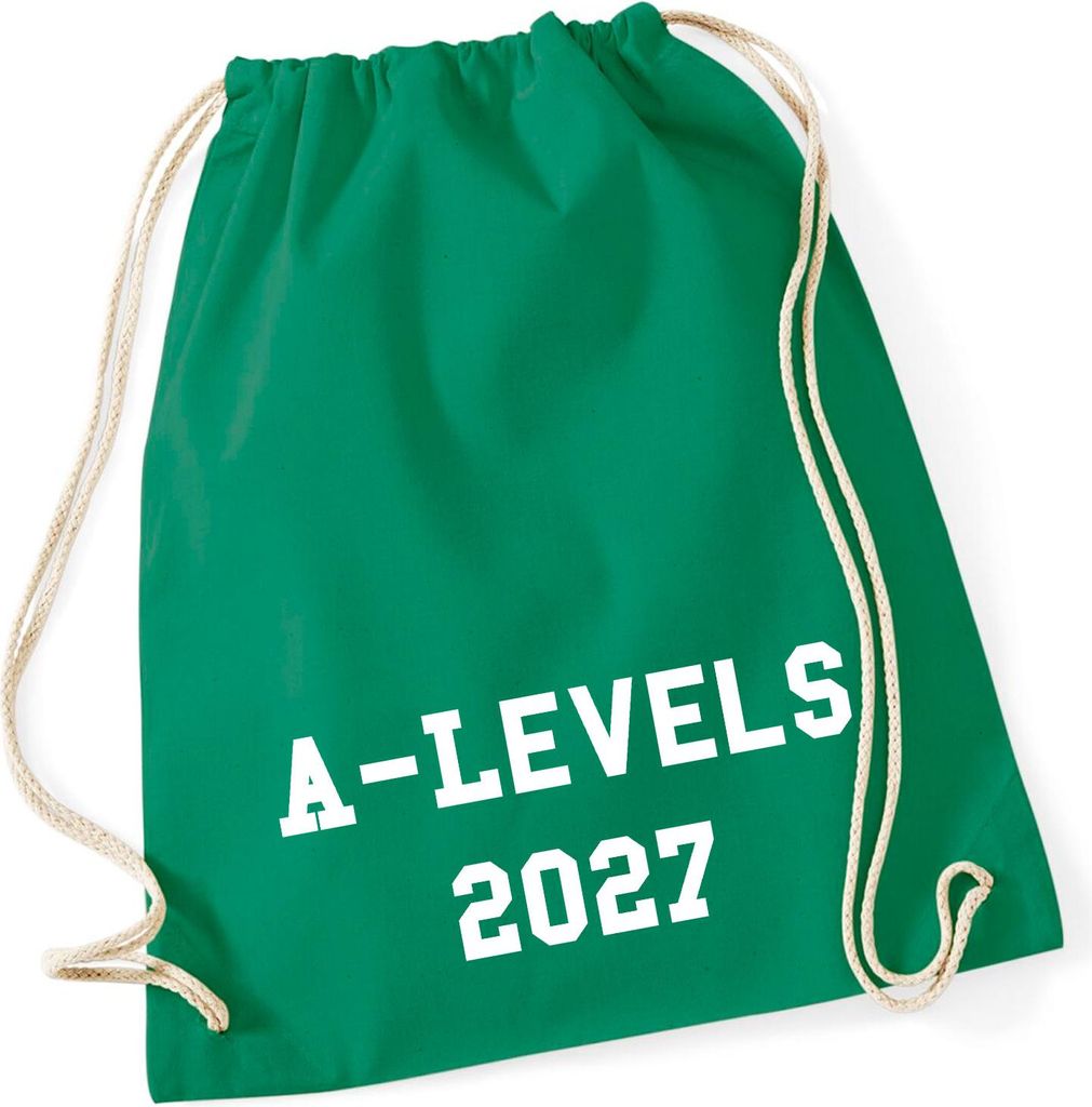 Huuraa Turnbeutel A-Levels 2027 Abschluss Großbritannien 12 Liter Kelly Green Baumwolle Rucksack Geschenkidee