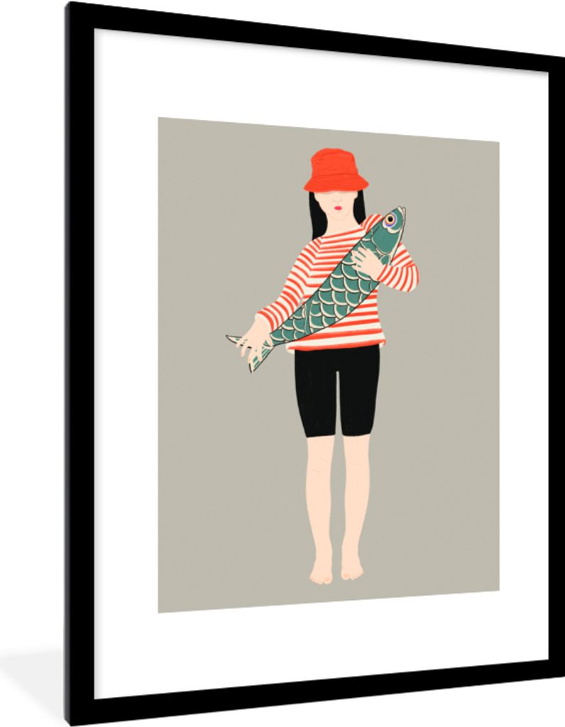 MuchoWow Gerahmtes Poster Frau - Fisch - Jahrgang 60x80 cm - Poster mit Schwarzem Bilderrahmen Wandposter Rahmen Foto Bilder - Wohnzimmer - Dekor...