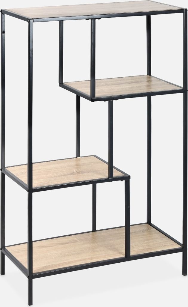 A multi-tiered shelf unit with a black metal frame and wood-effect shelves against a white background.