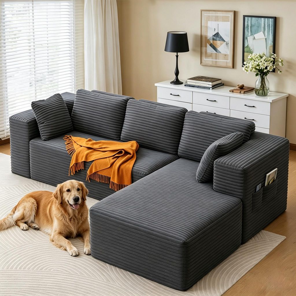 BEALIFE Ecksofa mit Recamiere rechts 4-Sitzer | Modulares Cord-Sofa | Dunkelgrau/Creme | AR43