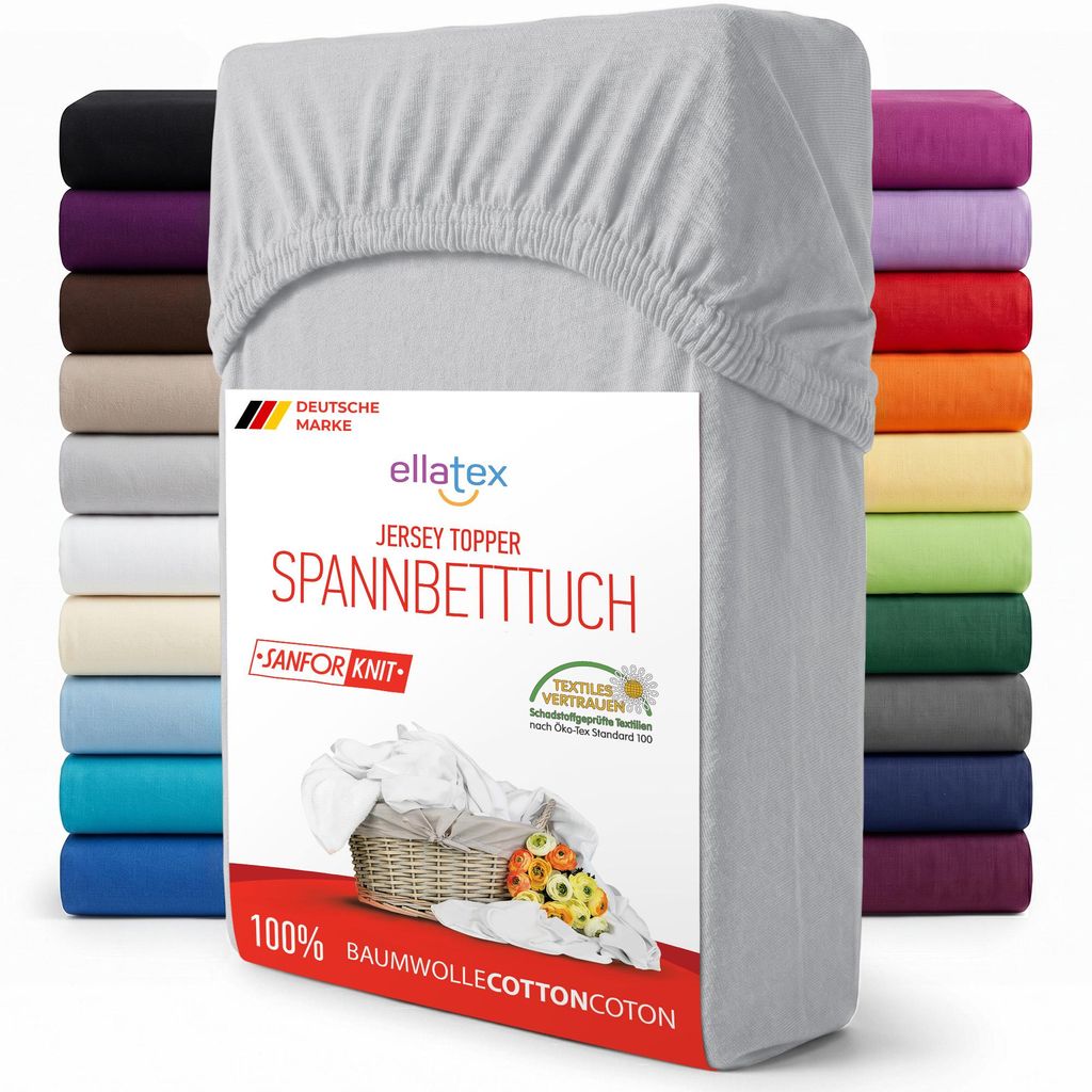 EllaTex Jersey Topper Spannbettlaken 140x200–160x200 Baumwolle – weich & atmungsaktiv, Spannbetttuch für Topper 7–12 cm, in Farbe: Silber