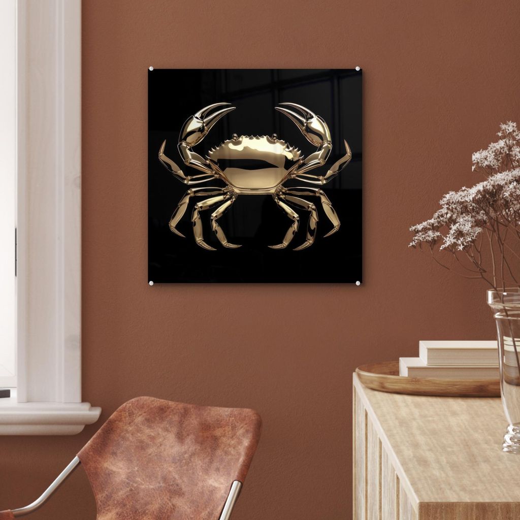 MuchoWow Glasbilder - Bilder auf Wandbild - Foto auf Glas Gold - Krabbe - Tiere - Schwarz 50x50 cm Wanddekoration aus Glas - Acrylglasbild - Acrylb...