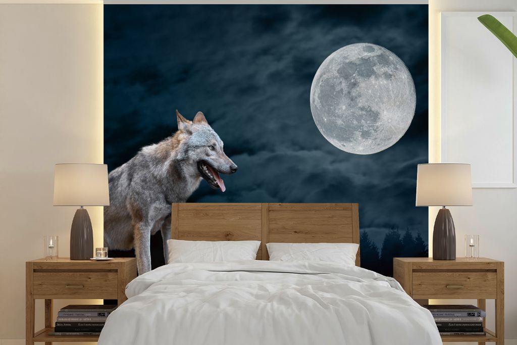 MuchoWow Fototapete für Wohnzimmer oder Schlafzimmer Wandtapete Vinyl Motivtapete Wolf - Mond - Nacht - Tiere - Porträt - 280x280 cm - Hintergr...