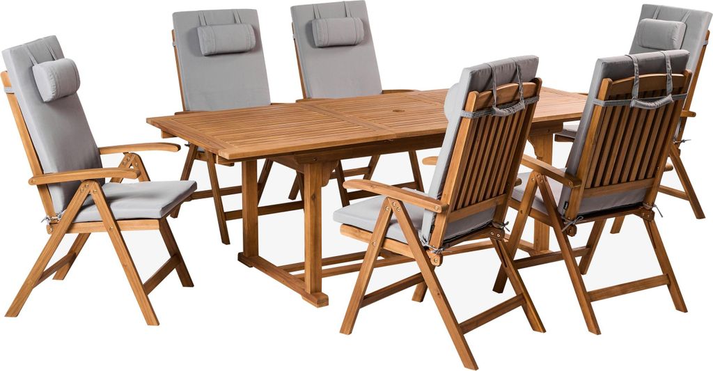 BELIANI Gartenmöbel Set Braun Akazienholz 6-Sitzer Auflagen Hellgrau Ausziehbarer Rechteckiger Tisch Rustikal Landhaus Stil Outdoor
