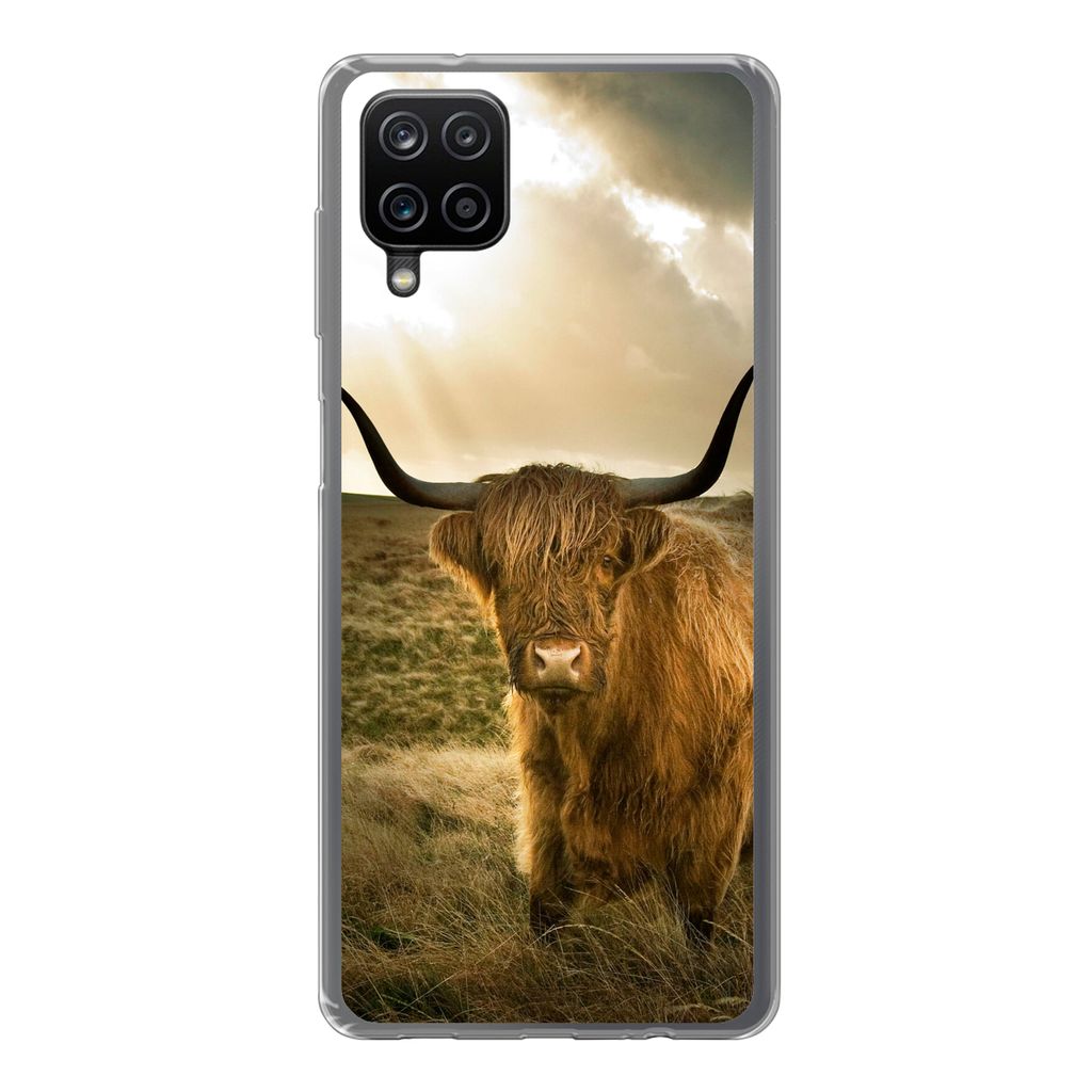 MuchoWow Handyhülle Schutzhülle Hülle für Samsung Galaxy A12 Schottischer Hochländer - Sonne - Tiere Silikon Softcase Handy Hülle - Bild