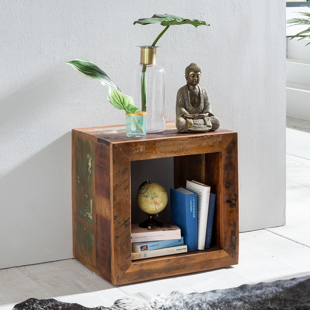 FineBuy Beistelltisch KALKUTTA 45 x 45 x 35 cm Massivholz Cube Tisch für Wohnzimmer Wohnzimmertisch mit Ablage Nachttisch Nachtkonsole
