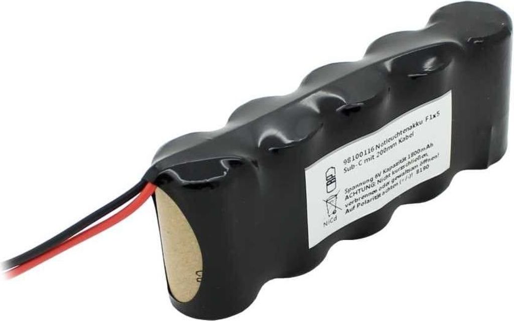 Notleuchtenakku NiCd 6V 1800mAh F1x5 Sub-C mit 200mm Kabel einseitig ersetzt 6 V Akku