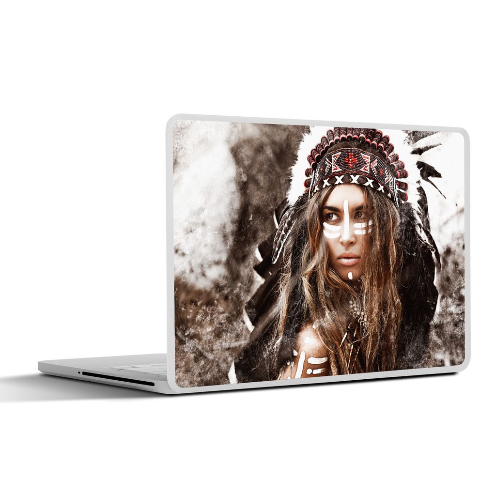 MuchoWow Laptop Aufkleber Sticker Cover Frau - Indianergewand - Federn - Streifen 36.5x27.5 cm - Laptop-Sticker