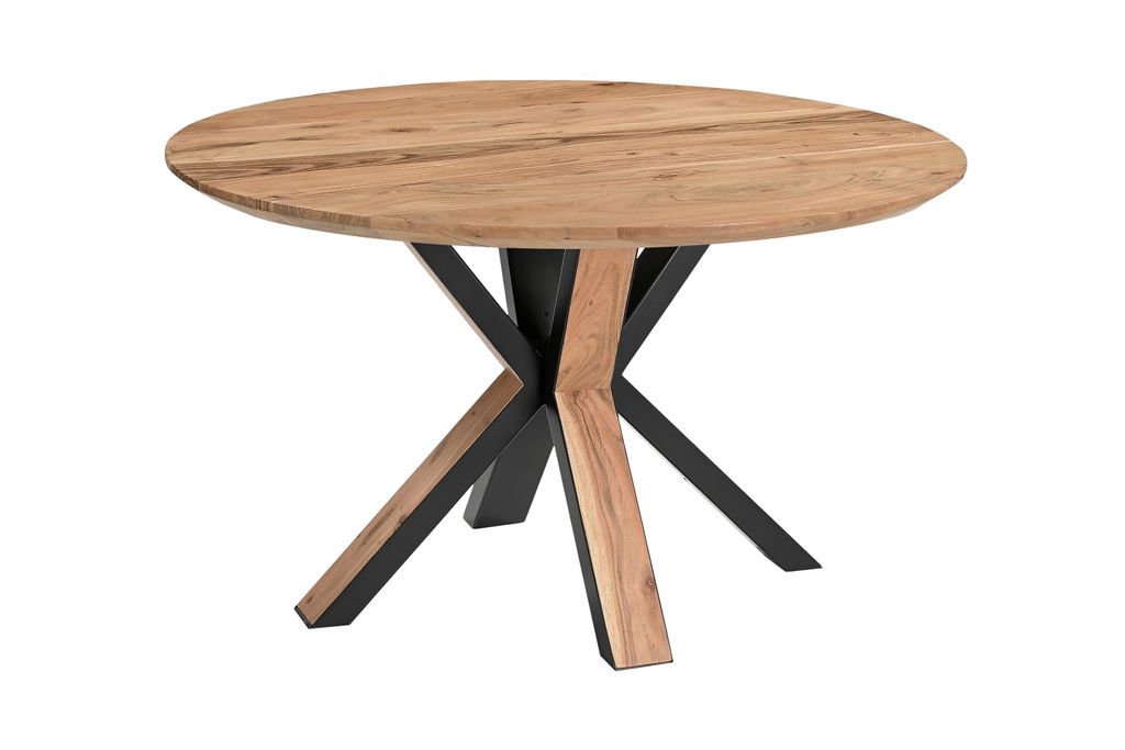 Runder Esszimmertisch Akazie naturfarben Schweizer Kante 120 cm Spider-Gestell schwarz aus Metall + Holz KIMBERLY