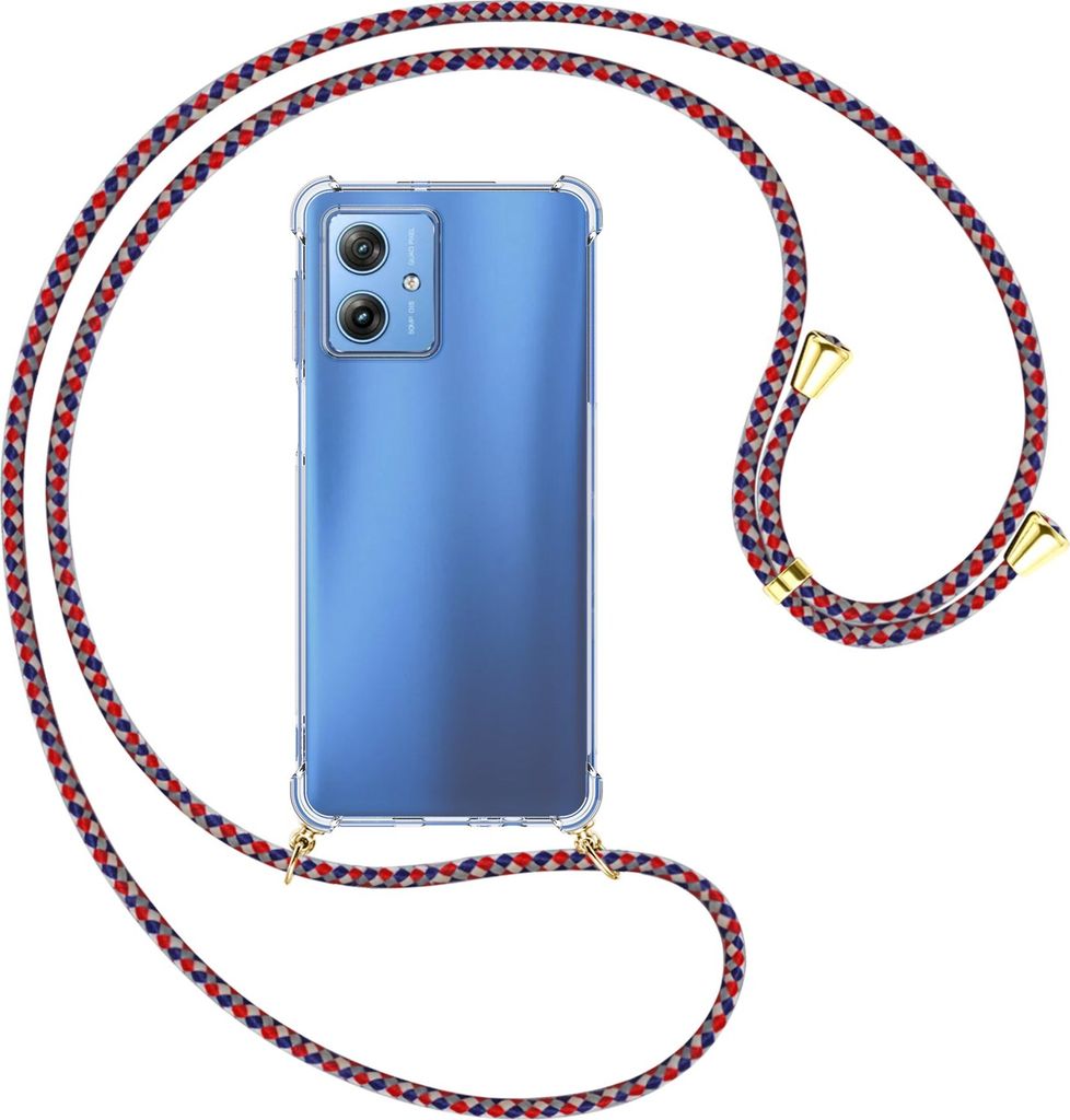 Handykette Backcover-Schutzhülle mit Band (Metall goldfarben) für Motorola Moto G54 5G (XT-2343-1, 6.5'') - silber/blau/rot