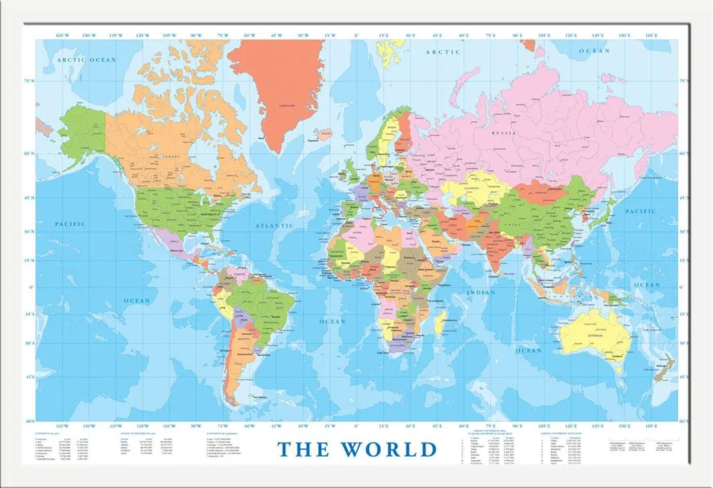 Mappe - Poster - Mappa moderna del mondo + cornice rimovibile, Shinsuke® Maxi MDF bianco, vetro acrilico