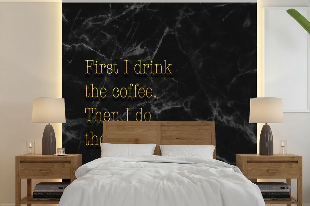 MuchoWow Fototapete für Wohnzimmer oder Schlafzimmer Wandtapete Vinyl Motivtapete Zitate - Kaffee - Gold - Marmor - 240x240 cm - Schlafzimmer-Ta...