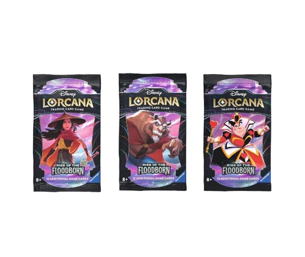 Three booster packs for the Disney Lorcana trading card game, Rise of the Floodborn expansion, are displayed side-by-side against a white background.