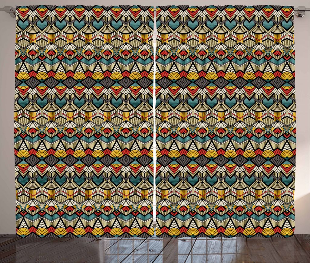 ABAKUHAUS afrikanisch Rustikaler Gardine, Retro Grunge Geometric, Schlafzimmer Kräuselband Vorhang mit Schlaufen und Haken, 280 x 245 cm, Mehrfarbig