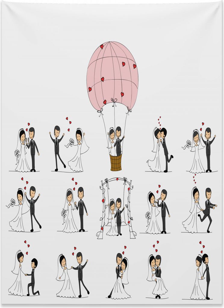 Abakuhaus Hochzeit Wandteppich, Braut Bräutigam Cartoon aus Weiches Mikrofaser Stoff Kein Verblassen Klare Farben Waschbar, 110 x 150 cm, Weiß Sc...