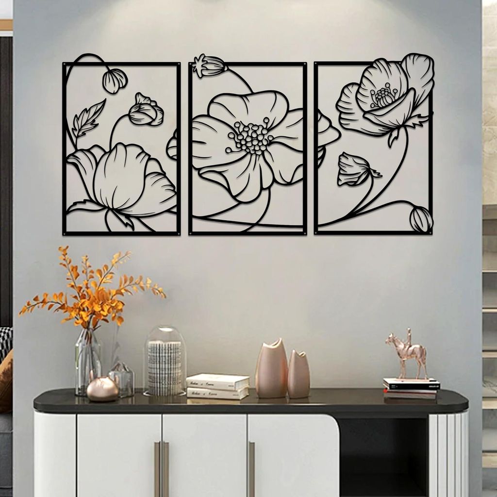 Set mit 3 Wanddekorationen aus Metall: florale Metallwandkunst, florale Wandskulptur, schwarze Wandkunst, minimalistisches Design für Zuhause, Woh...