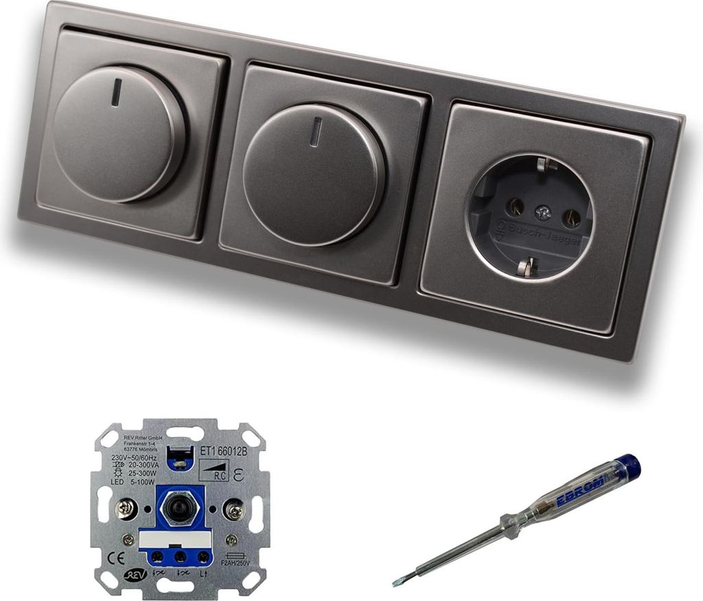 REV Ritter (2 x) LED Drehdimmer Dimmer + Busch Jäger Dimmerscheiben 6540-866-102 und Steckdose mit Kinderschutz 20EUCKS-866 in PUR Edelstahl + EBR...