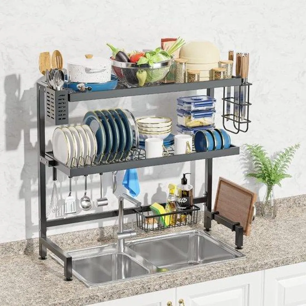 Étagère Évier 3 Niveaux 65cm en Acier Noir - Rangement Cuisine Complet