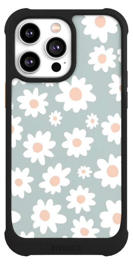 NIVOCASE Hülle für Apple iPhone 14 Pro Max Stoßfeste Handyhülle NIVOmax Case Schwarz Blumen Gänseblume Muster