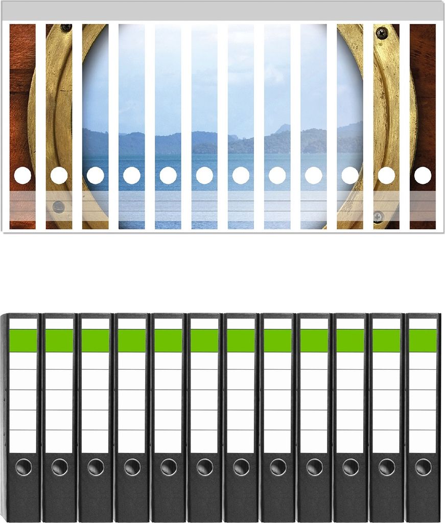 Wallario 12 Stück schmale Ordner inkl. Klebeetiketten mit Motive Guckloch aus dem Boot - Set mit Rückenschildern / Ordnerrücken Stickern