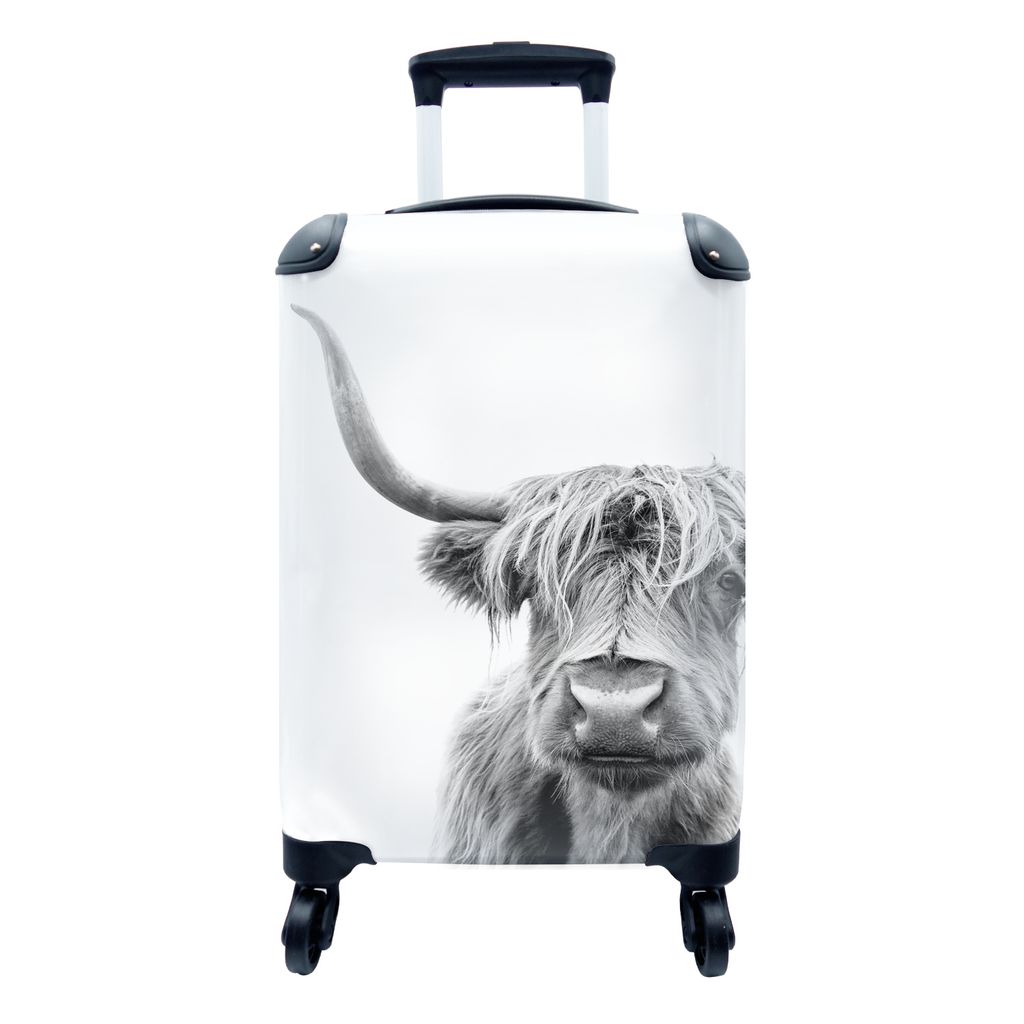MuchoWow Koffer Handgepäck Trolley Rollkoffer Kleine Reisekoffer mit 4 Rollen - Schottischer Highlander - Tiere - Schwarz - Weiß - Cabin Size <...