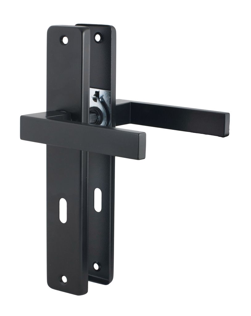 A black door handle set on a white background.