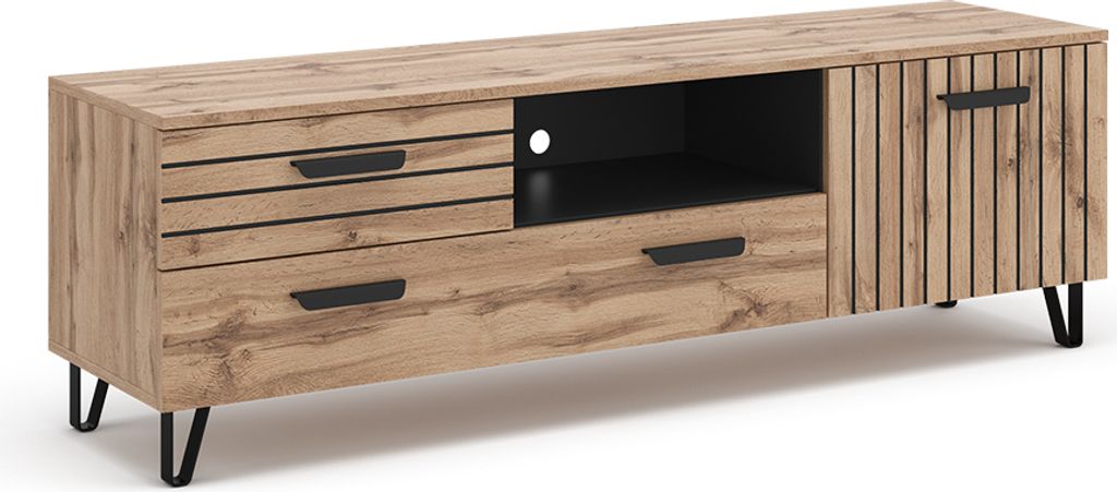 A lowboard with drawers and a cabinet, presented on a white background.